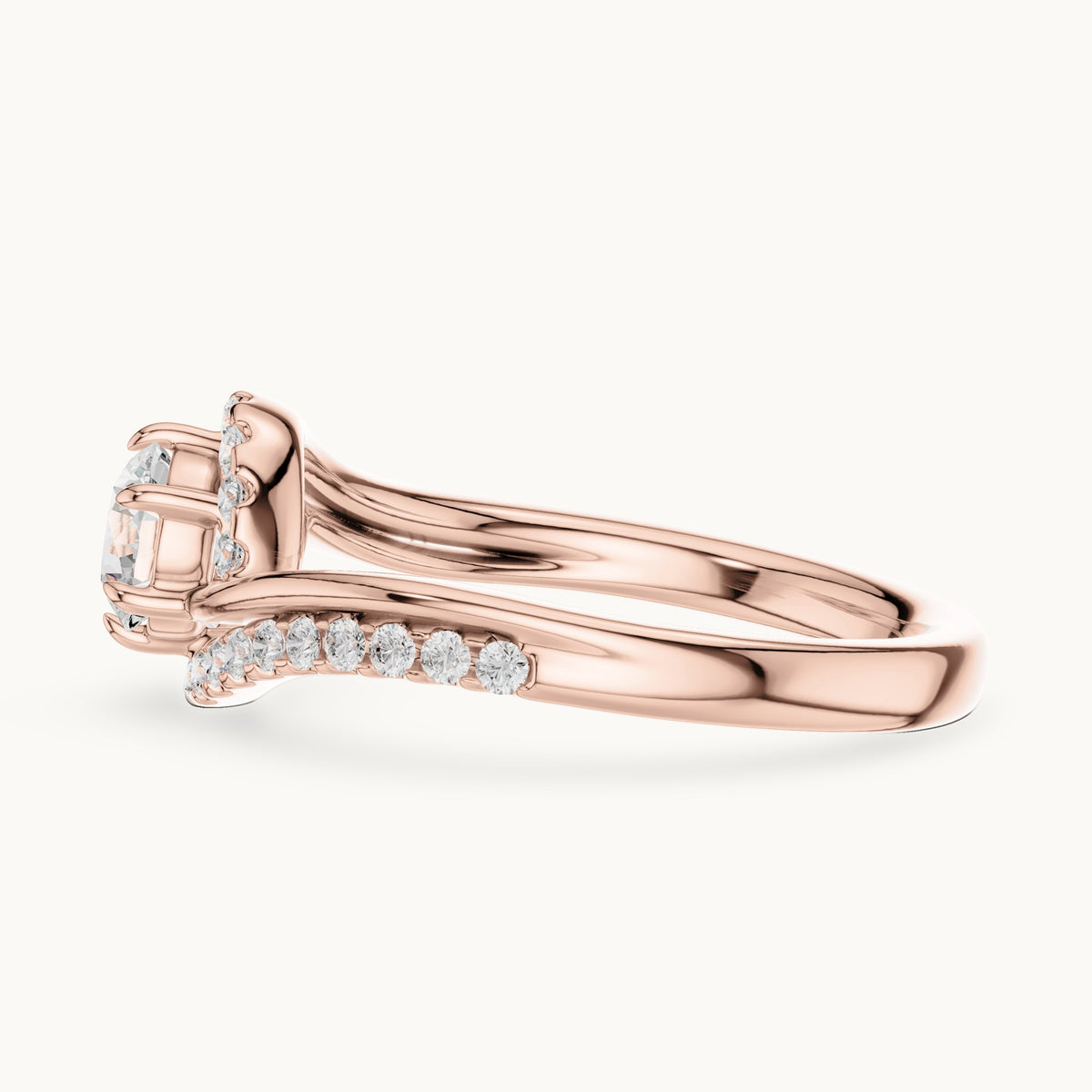 Round lab-grown diamond swirl halo bypass engagement ring in rose gold, 0.78 CT TW, view 3