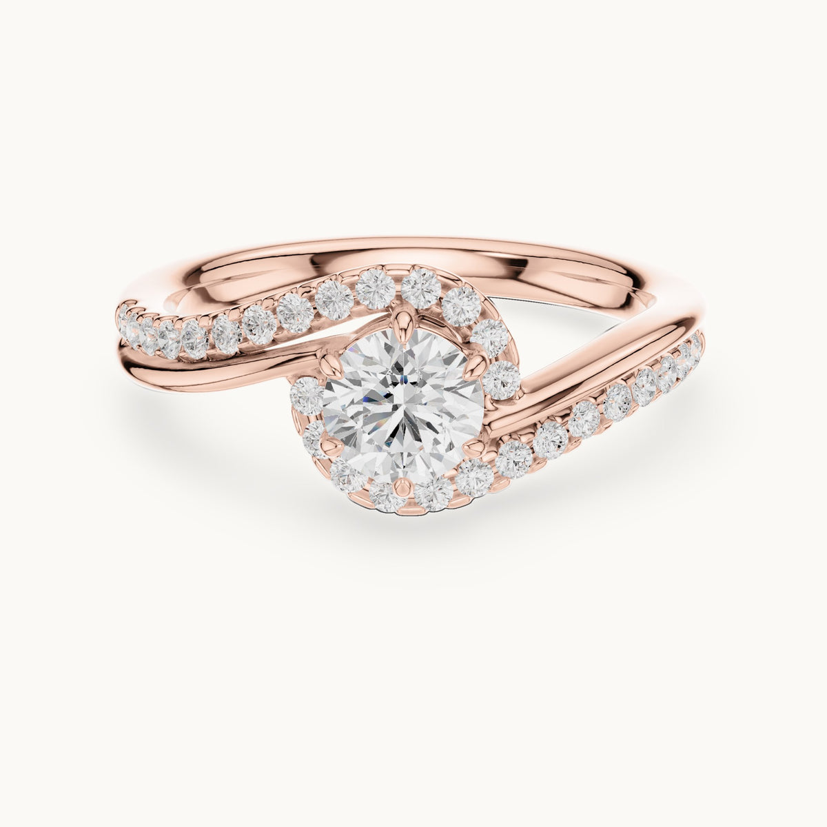 Round lab-grown diamond swirl halo bypass engagement ring in rose gold, 0.78 CT TW, view 4