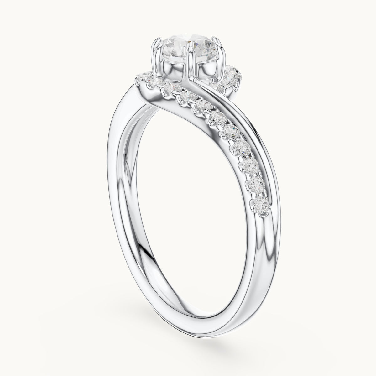 Round lab-grown diamond swirl halo bypass engagement ring in white gold, 0.78 CT TW, view 1