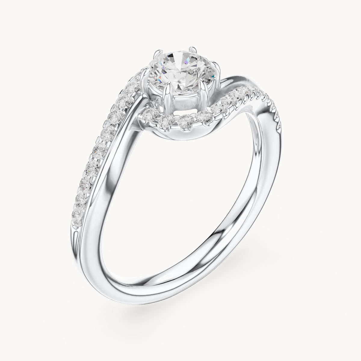 Round lab-grown diamond swirl halo bypass engagement ring in white gold, 0.78 CT TW, view 2
