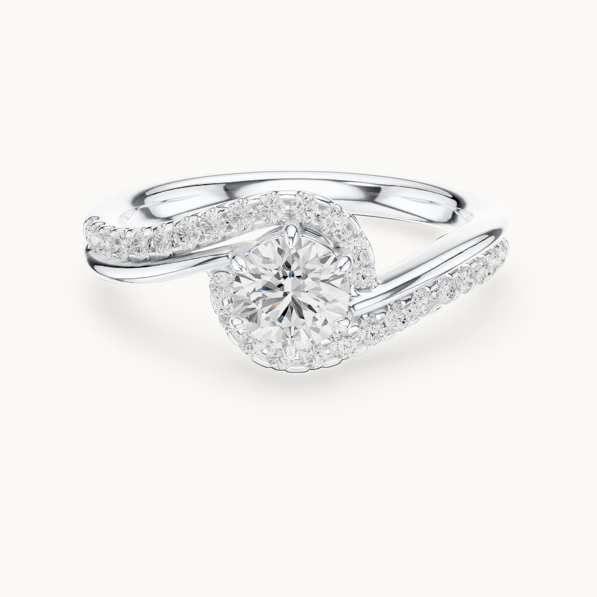 Round lab-grown diamond swirl halo bypass engagement ring in white gold, 0.78 CT TW, view 4