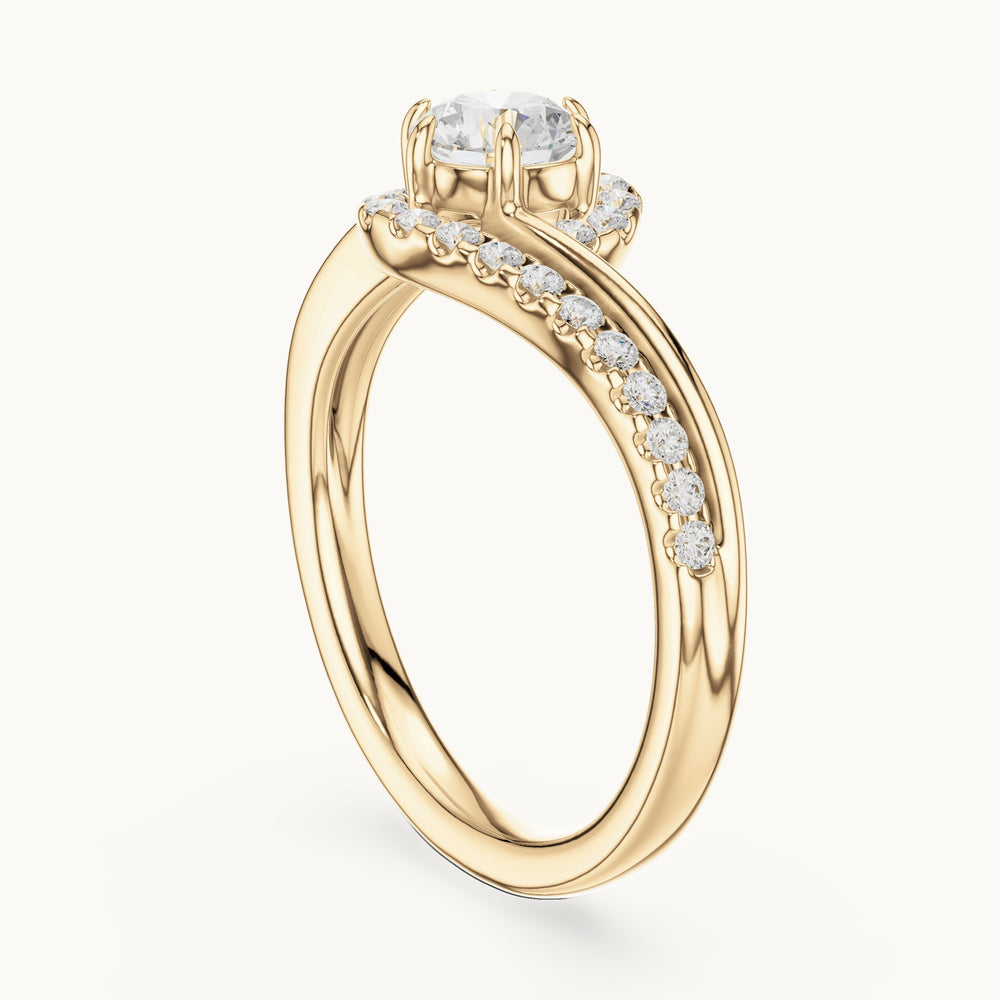 Round lab-grown diamond swirl halo bypass engagement ring in yellow gold, 0.78 CT TW, view 1