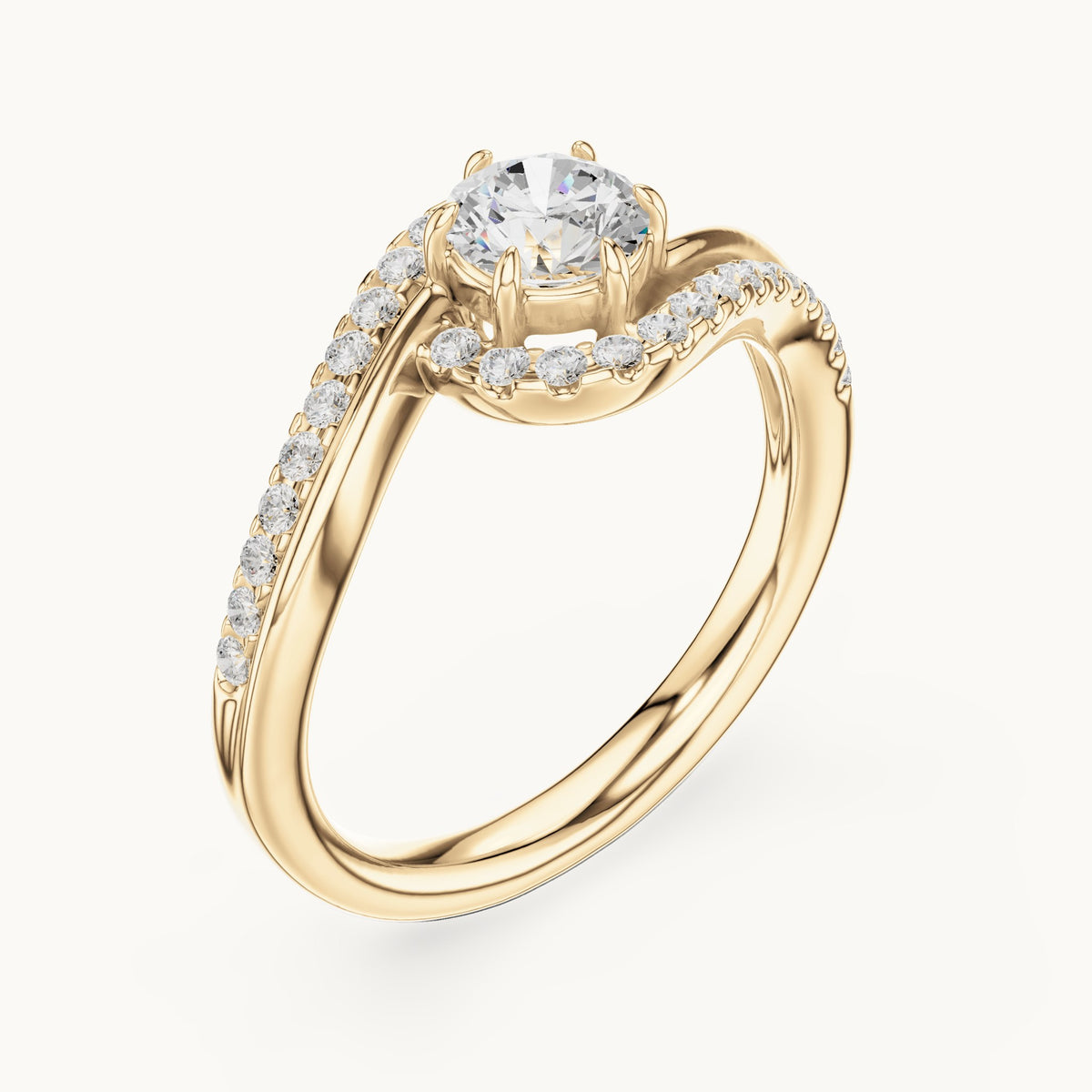 Round lab-grown diamond swirl halo bypass engagement ring in yellow gold, 0.78 CT TW, view 2