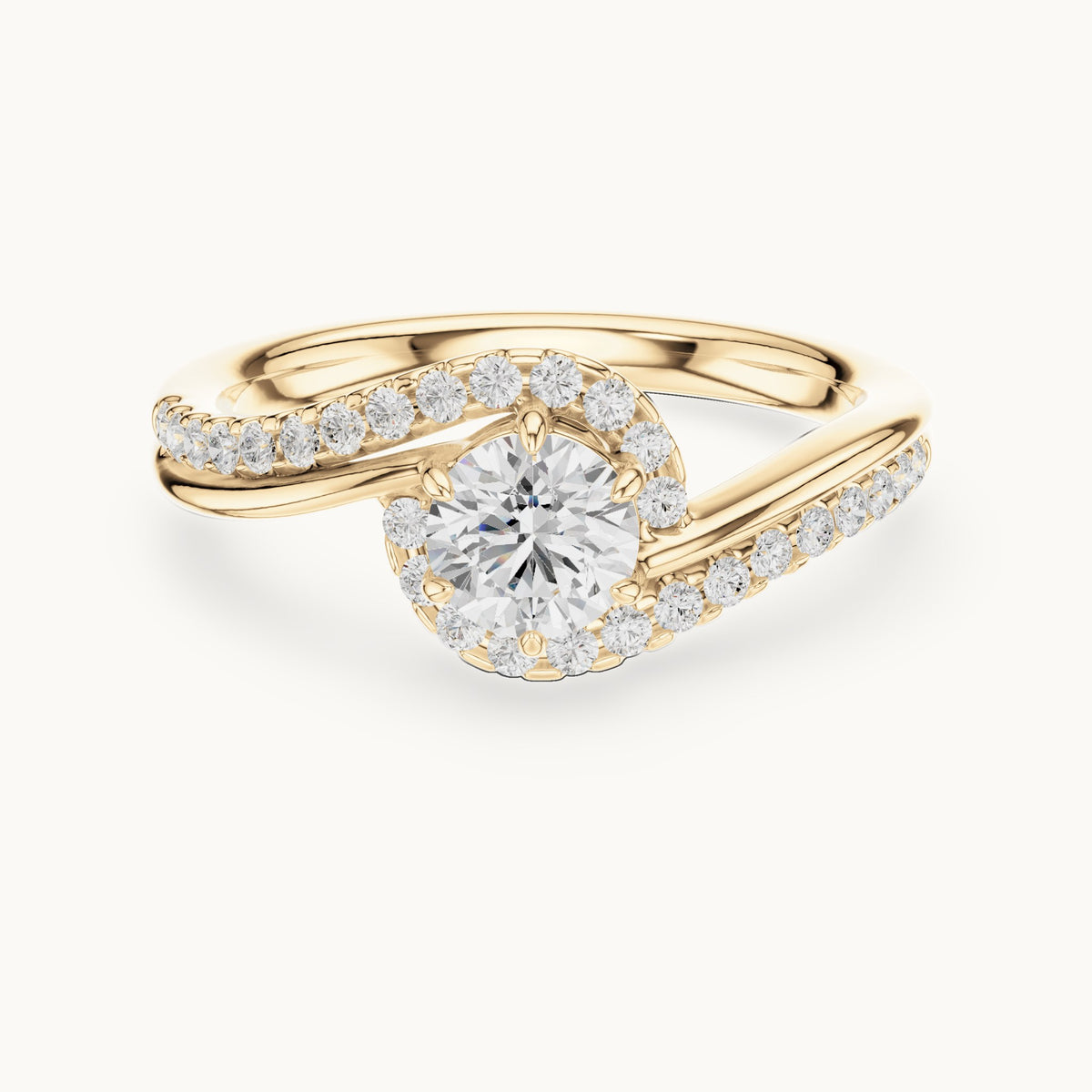 Round lab-grown diamond swirl halo bypass engagement ring in yellow gold, 0.78 CT TW, view 4