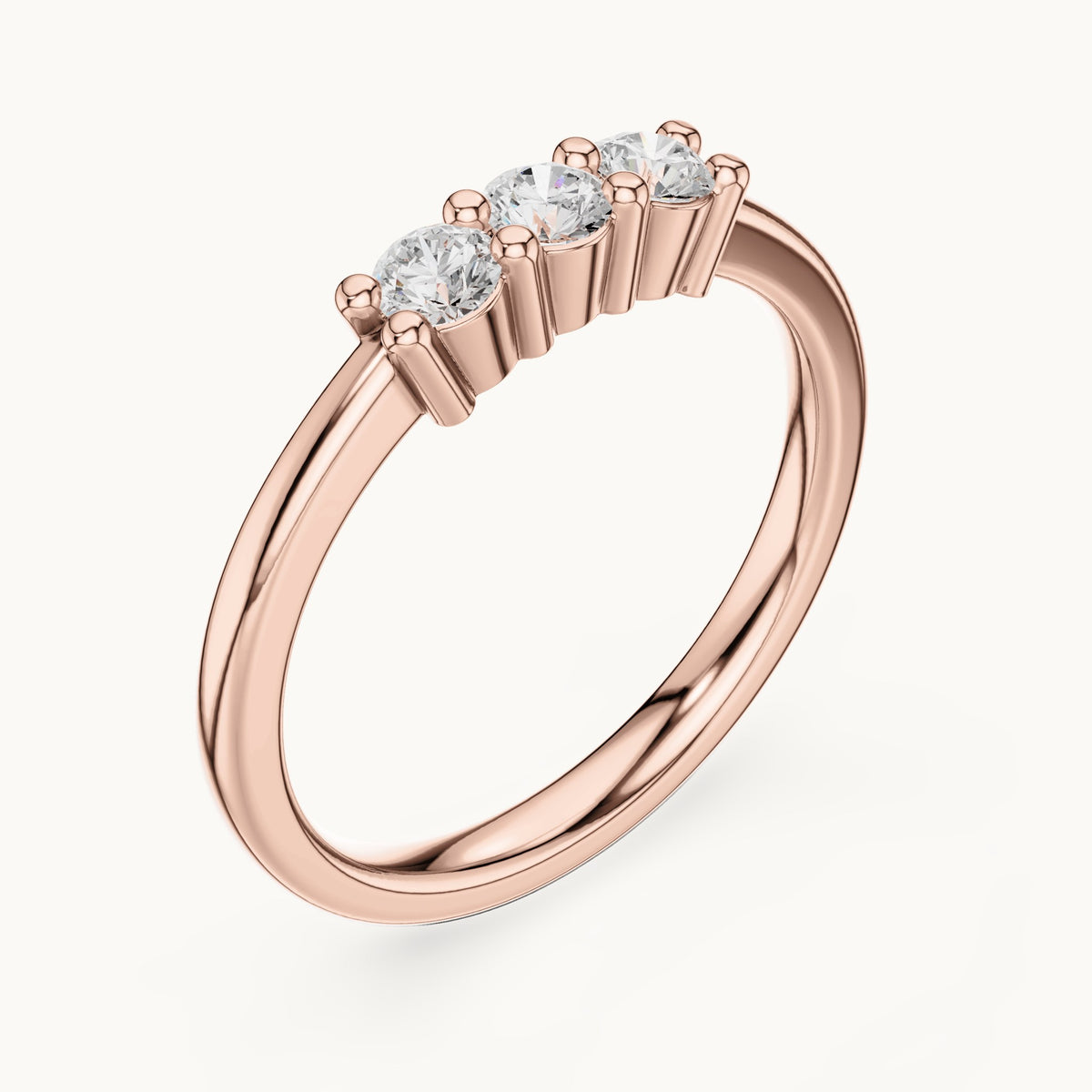 Round lab-grown diamond three-stone dainty ring in rose gold, 0.27 CT TW, view 2