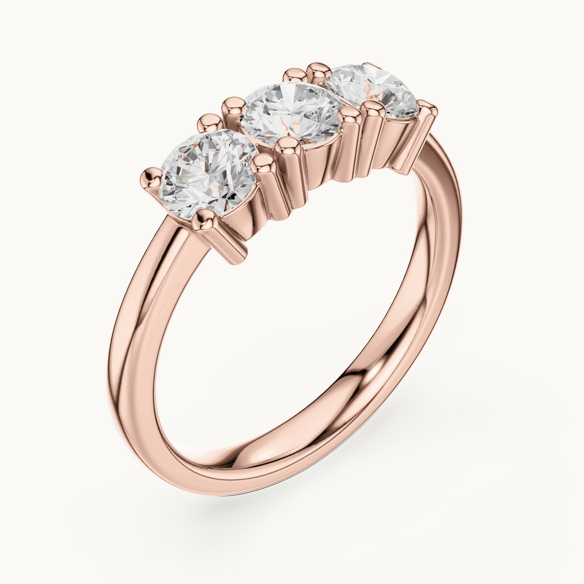 Round lab-grown diamond three stone ring in 14K rose gold, 0.99 CT TW, view 2