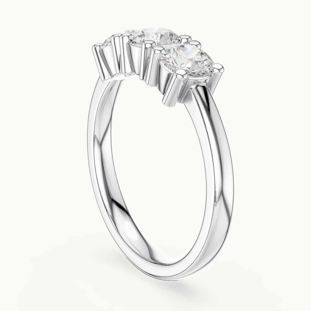 Round lab-grown diamond three stone ring in 14K white gold, 0.99 CT TW, view 1