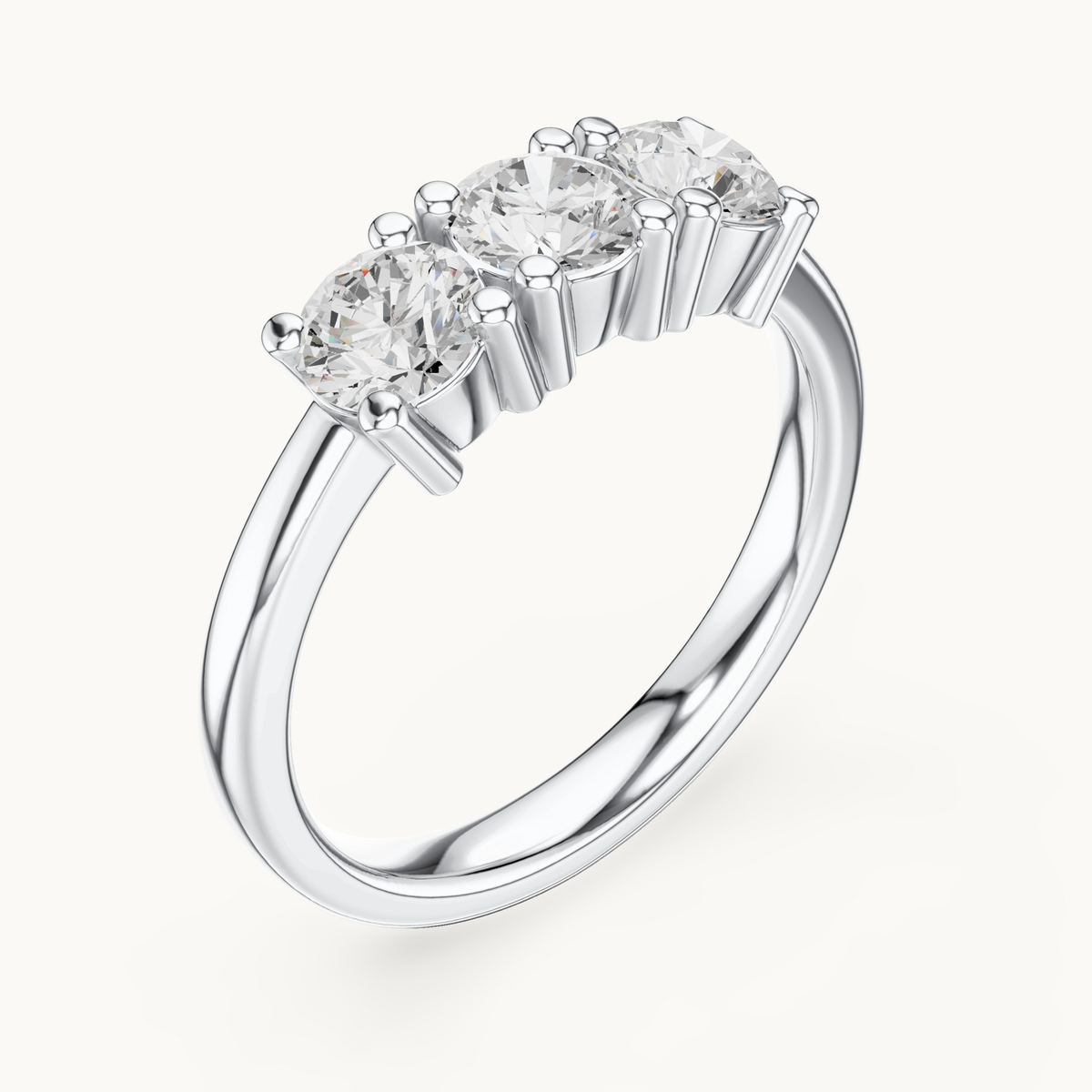 Round lab-grown diamond three stone ring in 14K white gold, 0.99 CT TW, view 2