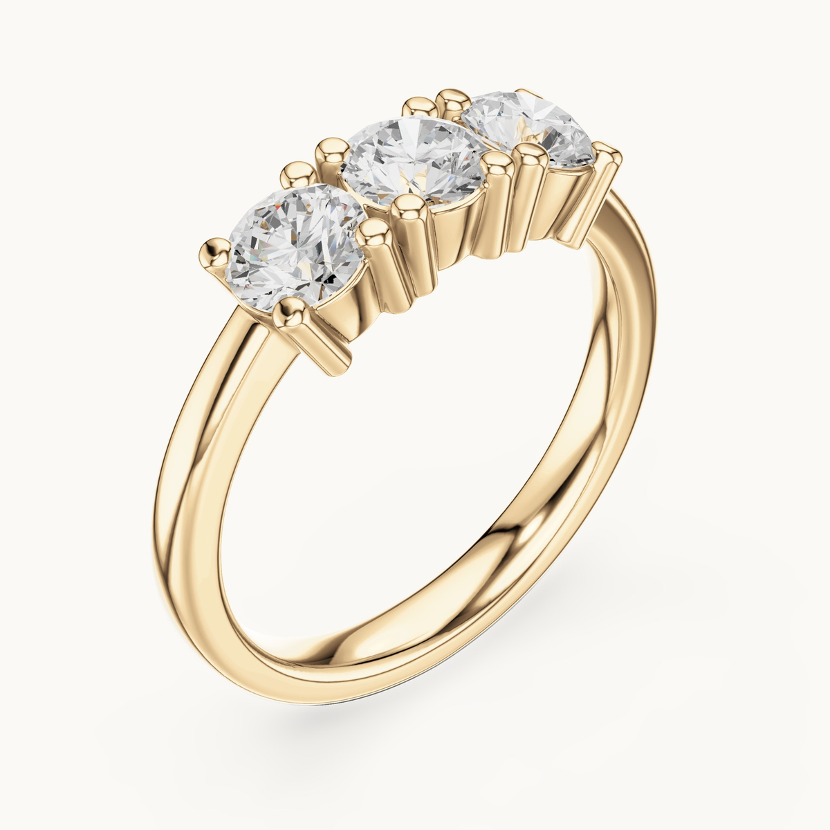 Round lab-grown diamond three stone ring in 14K yellow gold, 0.99 CT TW, view 2
