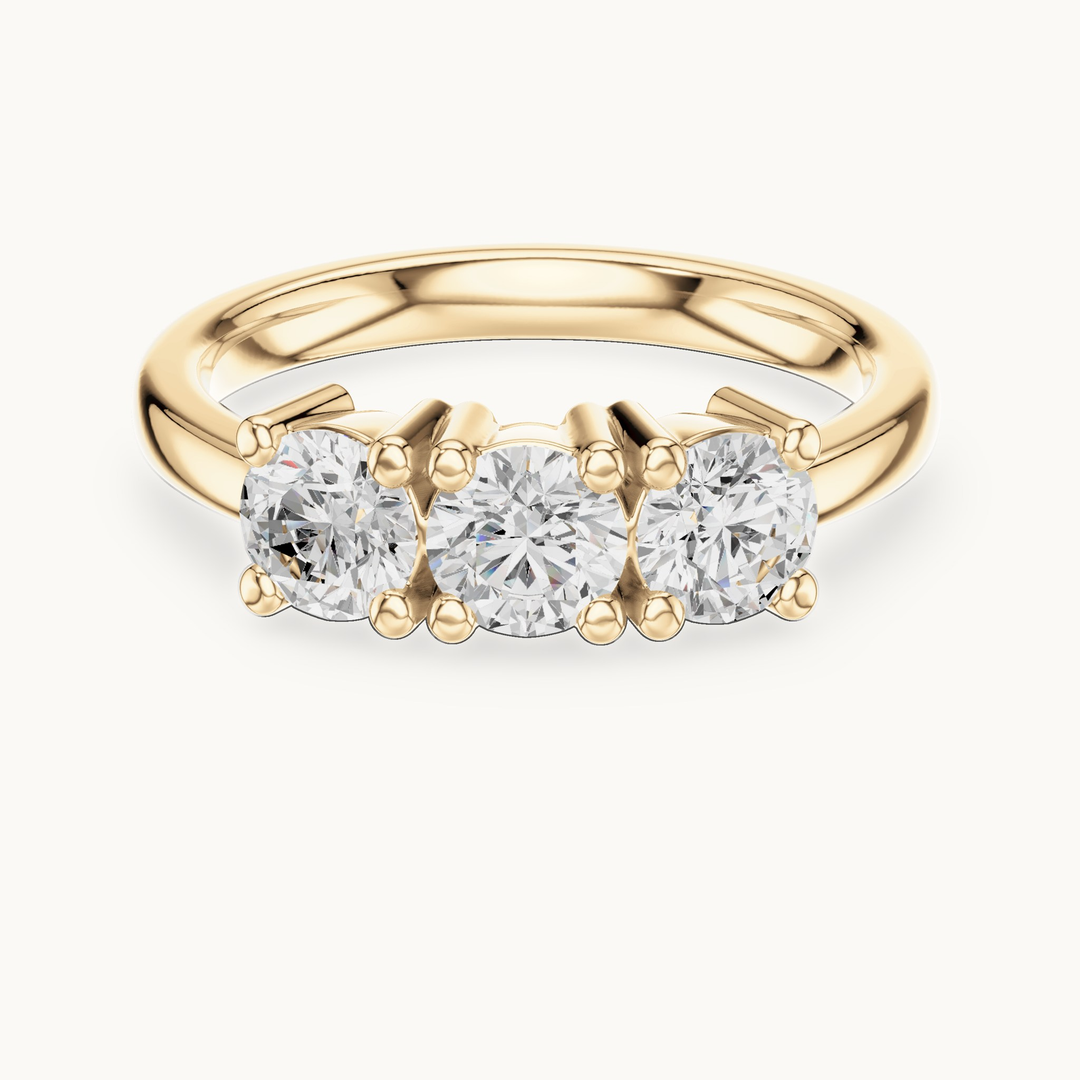 Round lab-grown diamond three stone ring in 14K yellow gold, 0.99 CT TW, view 4