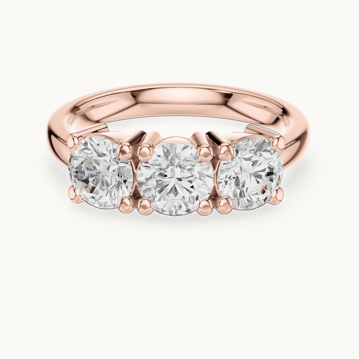 Round lab-grown diamond three stone ring in 14K rose gold, 1.50 CT TW, view 4