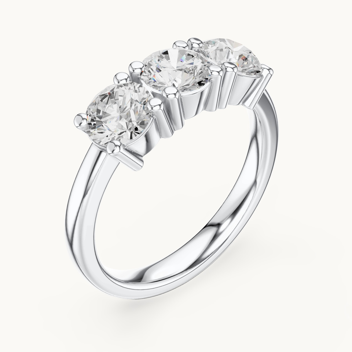 Round lab-grown diamond three stone ring in 14K white gold, 1.50 CT TW, view 2