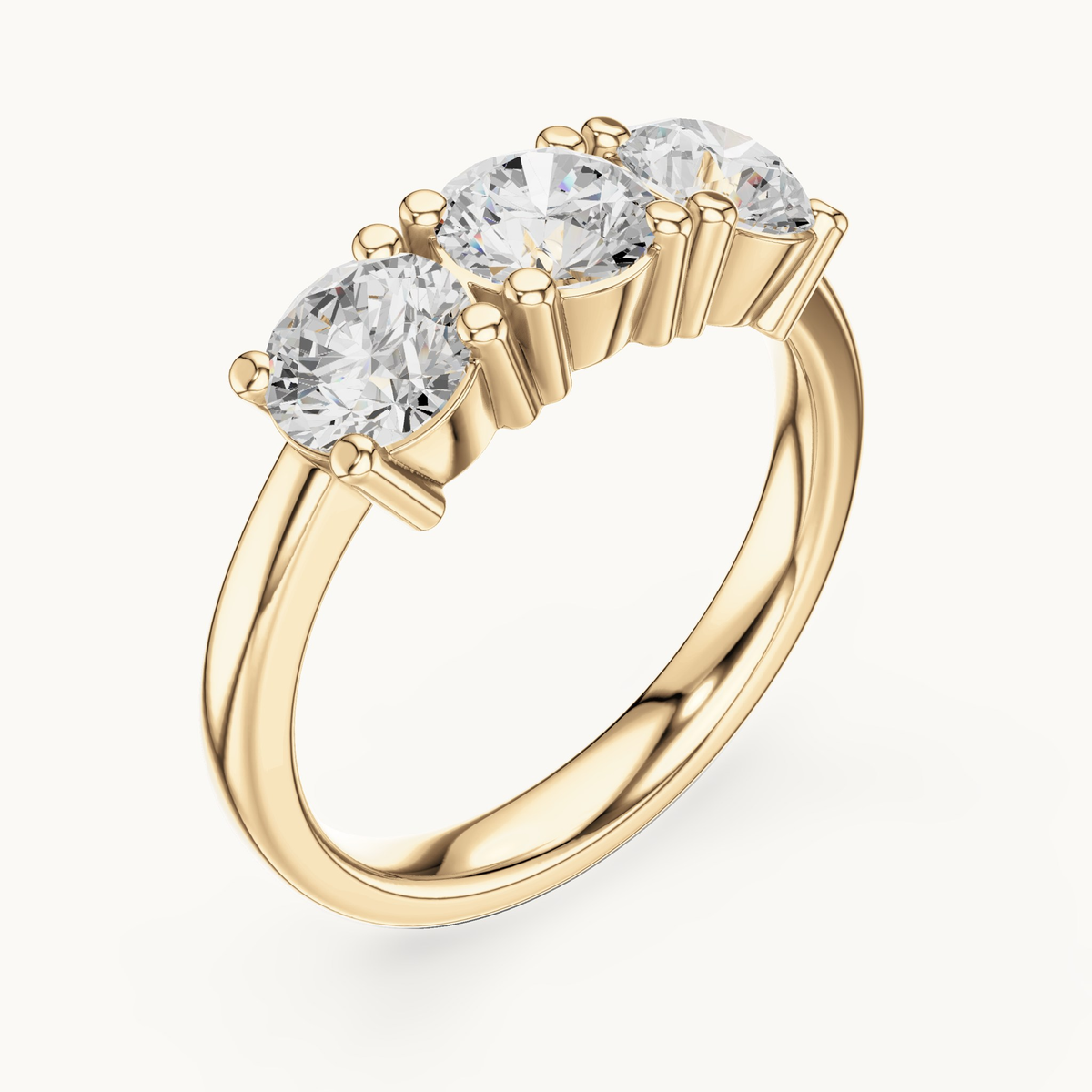 Round lab-grown diamond three stone ring in 14K yellow gold, 1.50 CT TW, view 2