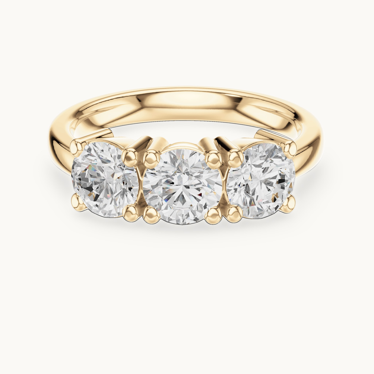 Round lab-grown diamond three stone ring in 14K yellow gold, 1.50 CT TW, view 4