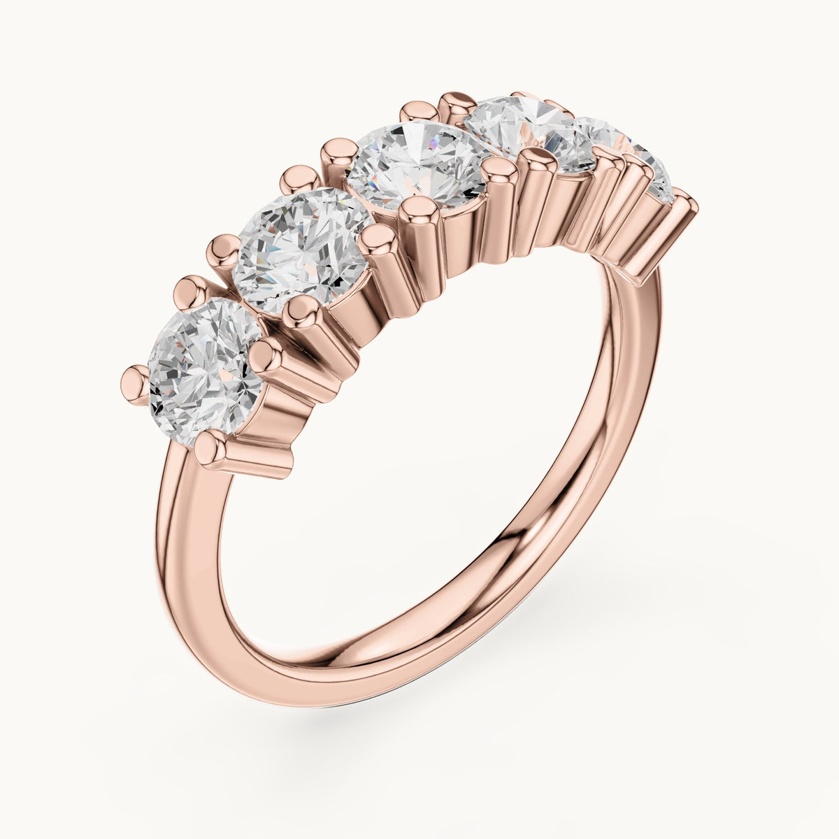 Round lab-grown diamond five-stone anniversary band in rose gold, 1.55 CT TW, view 2
