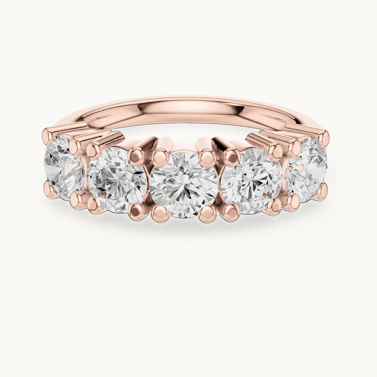 Round lab-grown diamond five-stone anniversary band in rose gold, 1.55 CT TW, view 4