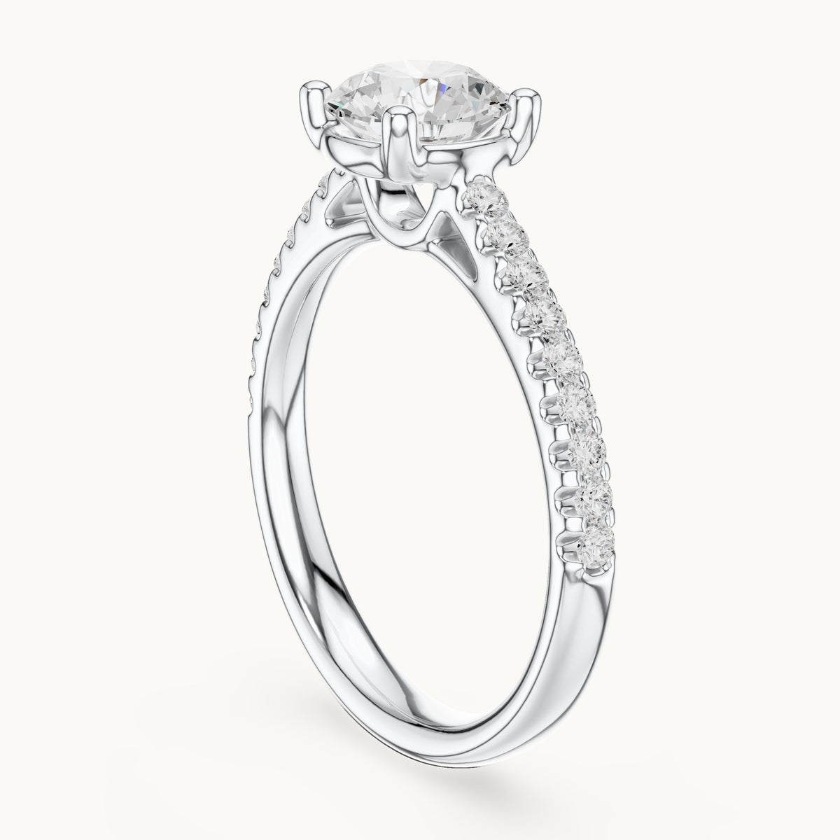 Round lab-grown diamond pavé engagement ring in white gold, 1.28 CT TW, view 1