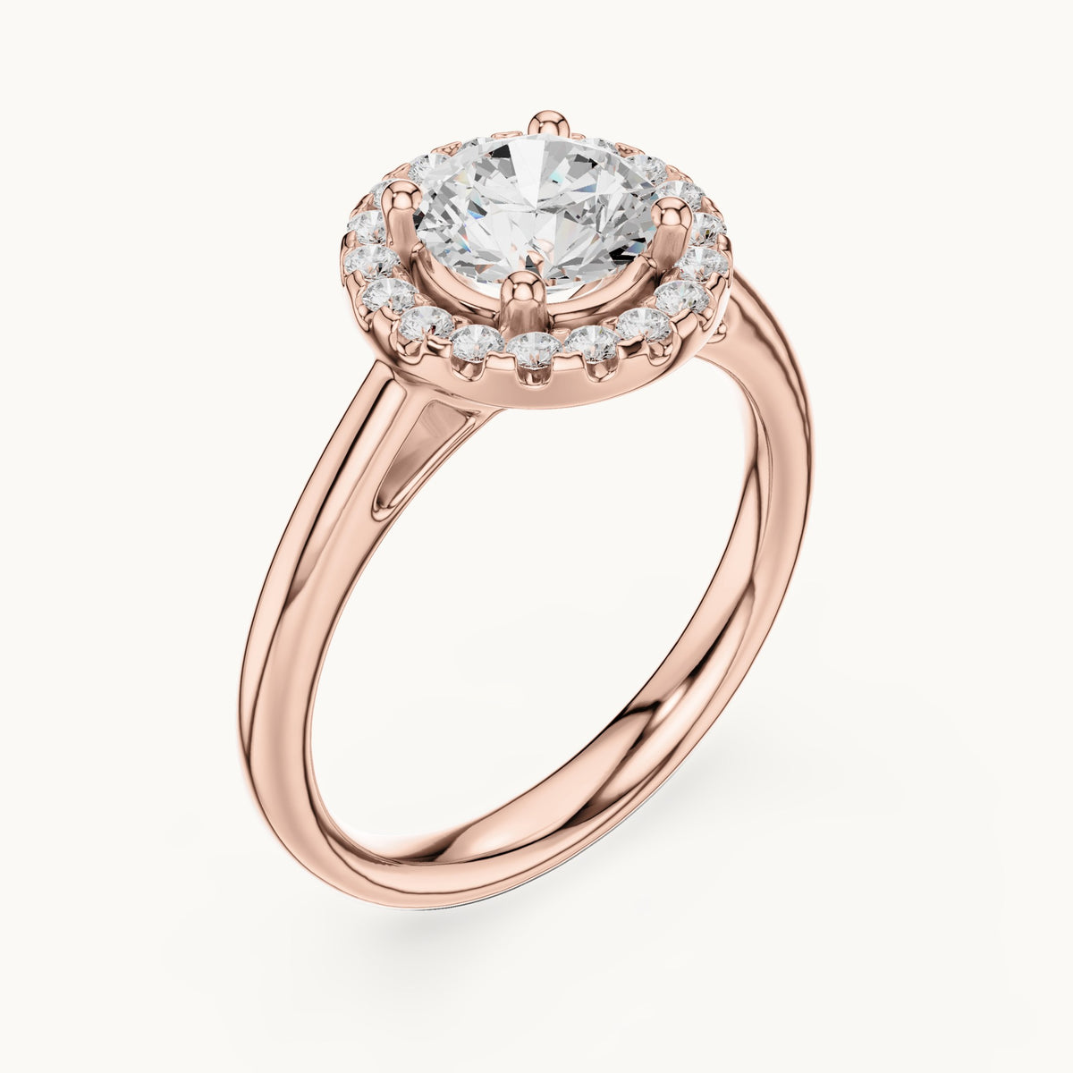 Round lab-grown diamond halo engagement ring in rose gold, 1.21 CT TW, view 2