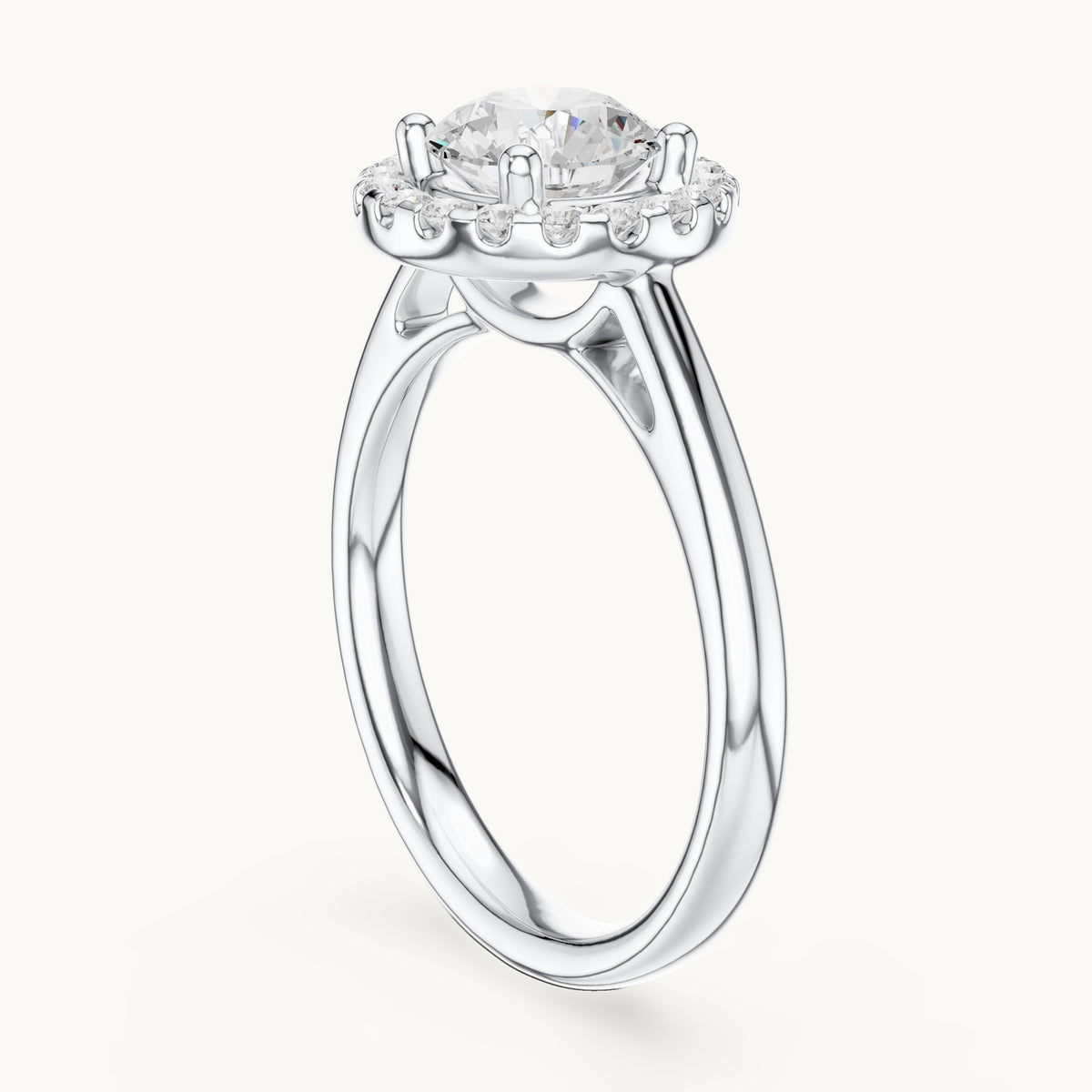 Round lab-grown diamond halo engagement ring in white gold, 1.21 CT TW, view 1