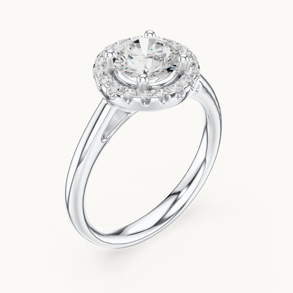 Round lab-grown diamond halo engagement ring in white gold, 1.21 CT TW, view 2