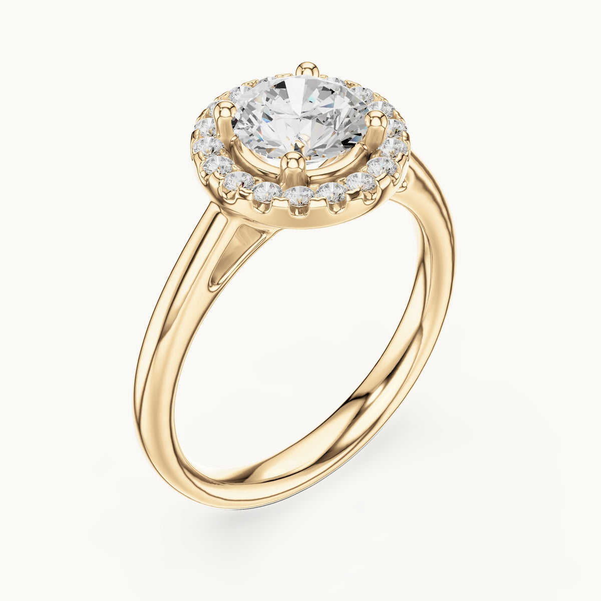 Round lab-grown diamond halo engagement ring in yellow gold, 1.21 CT TW, view 2