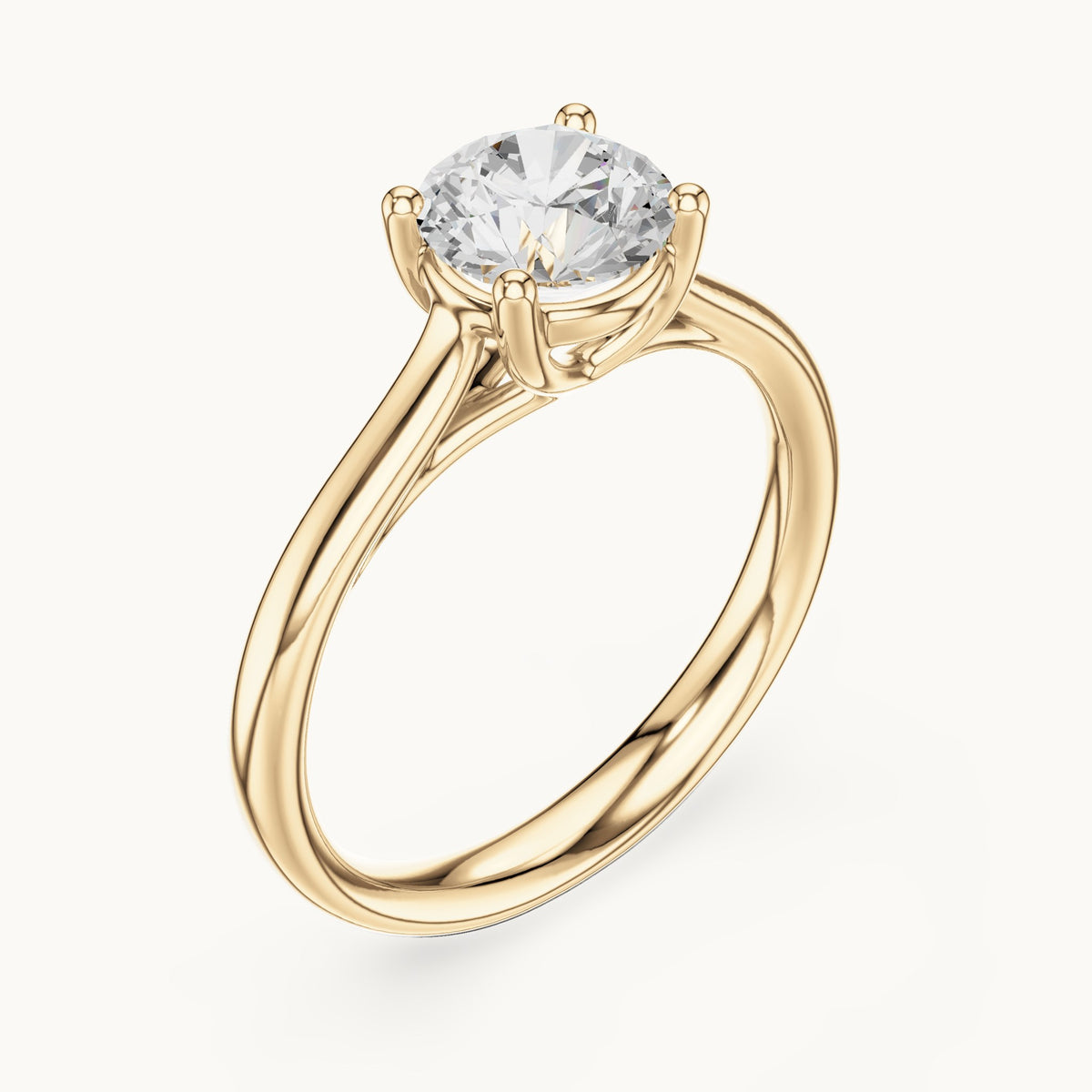 Round lab-grown diamond open cathedral four-prong solitaire engagement ring in yellow gold, 1.10 CT TW, view 2