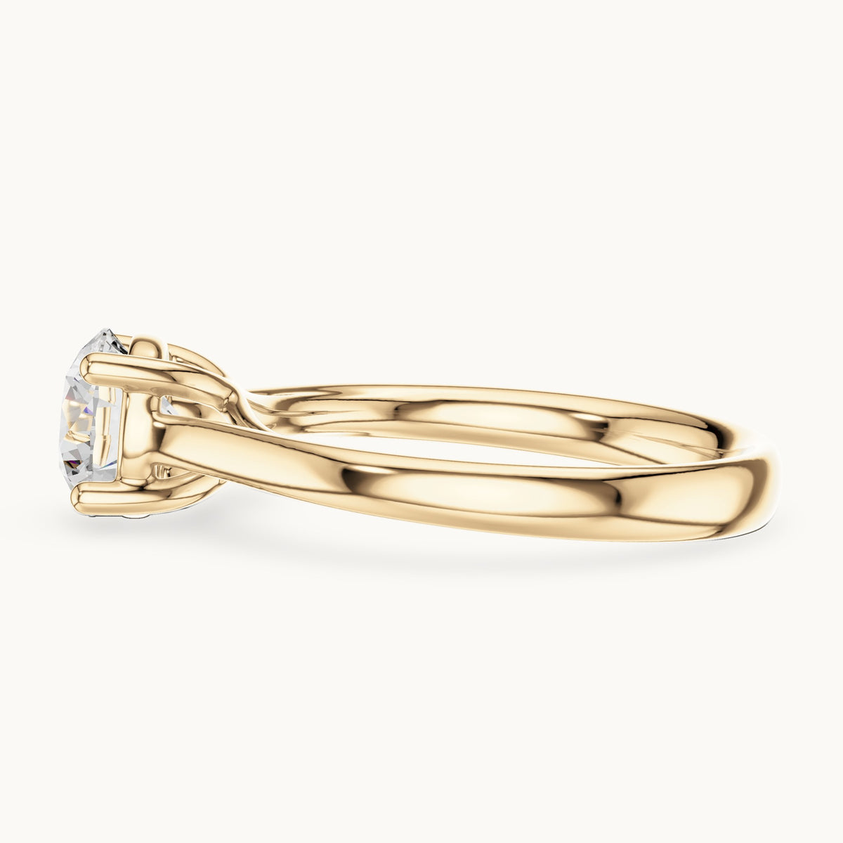 Round lab-grown diamond open cathedral four-prong solitaire engagement ring in yellow gold, 1.10 CT TW, view 3