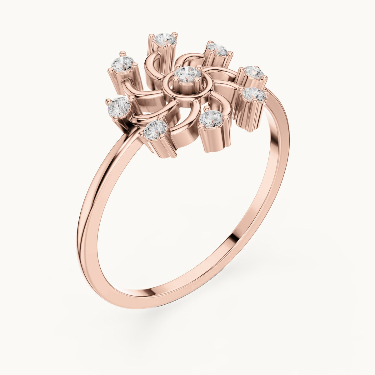 Round lab-grown diamond pinwheel swirl cluster ring in rose gold, 0.16 CT TW, view 2