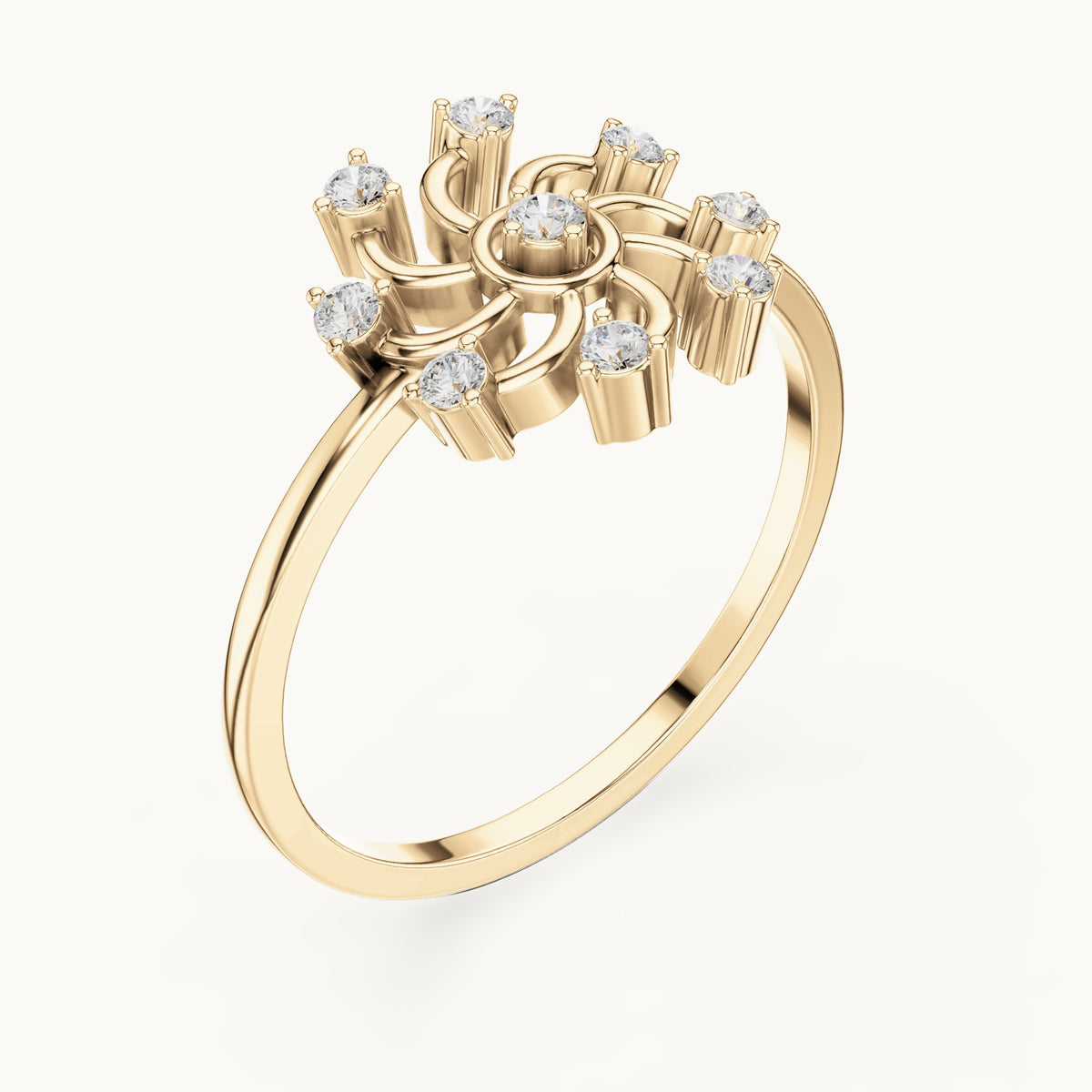 Round lab-grown diamond pinwheel swirl cluster ring in yellow gold, 0.16 CT TW, view 2