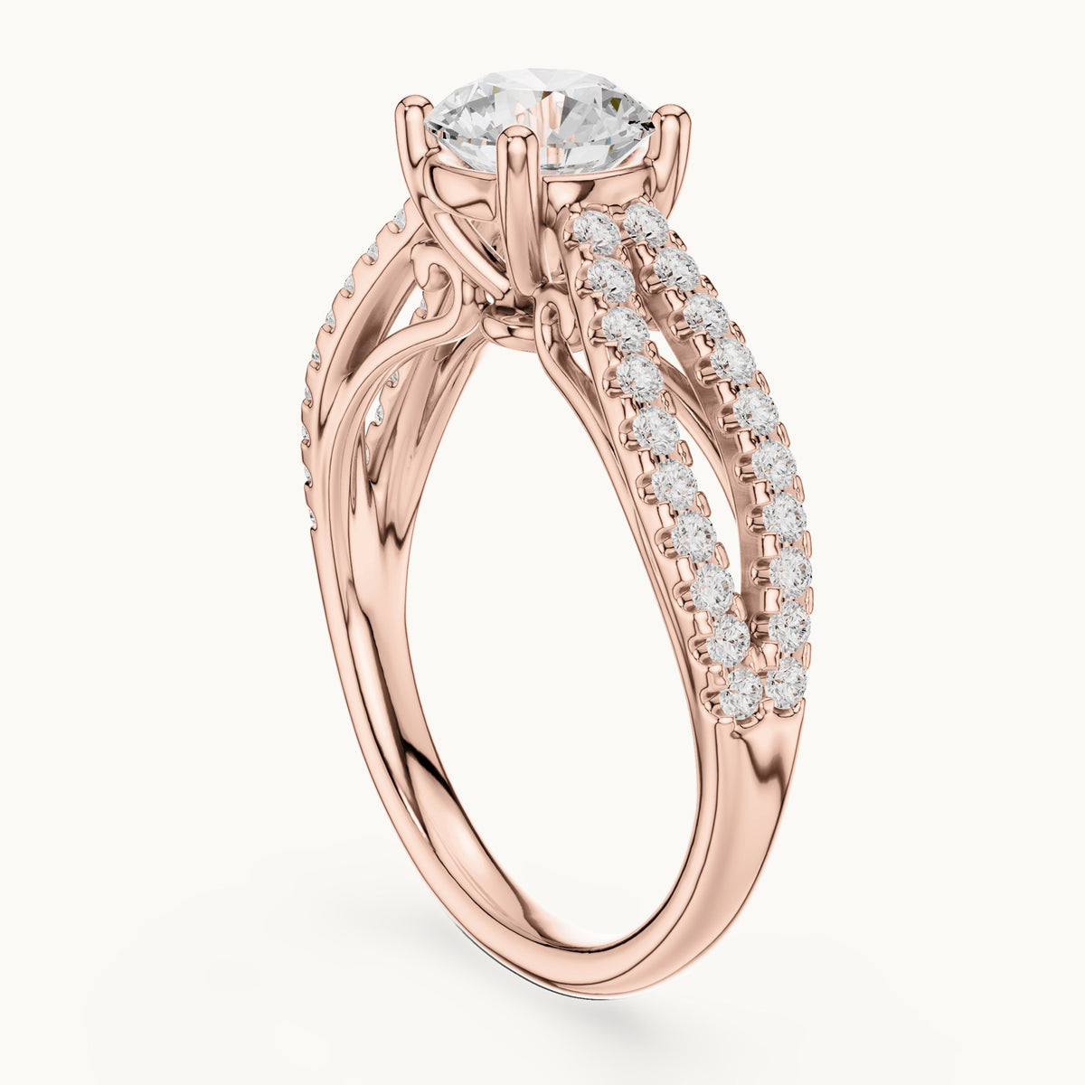 Round lab-grown diamond open split shank pavé engagement ring in rose gold, 1.30 CT TW, view 1