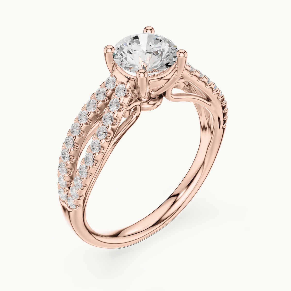 Round lab-grown diamond open split shank pavé engagement ring in rose gold, 1.30 CT TW, view 2
