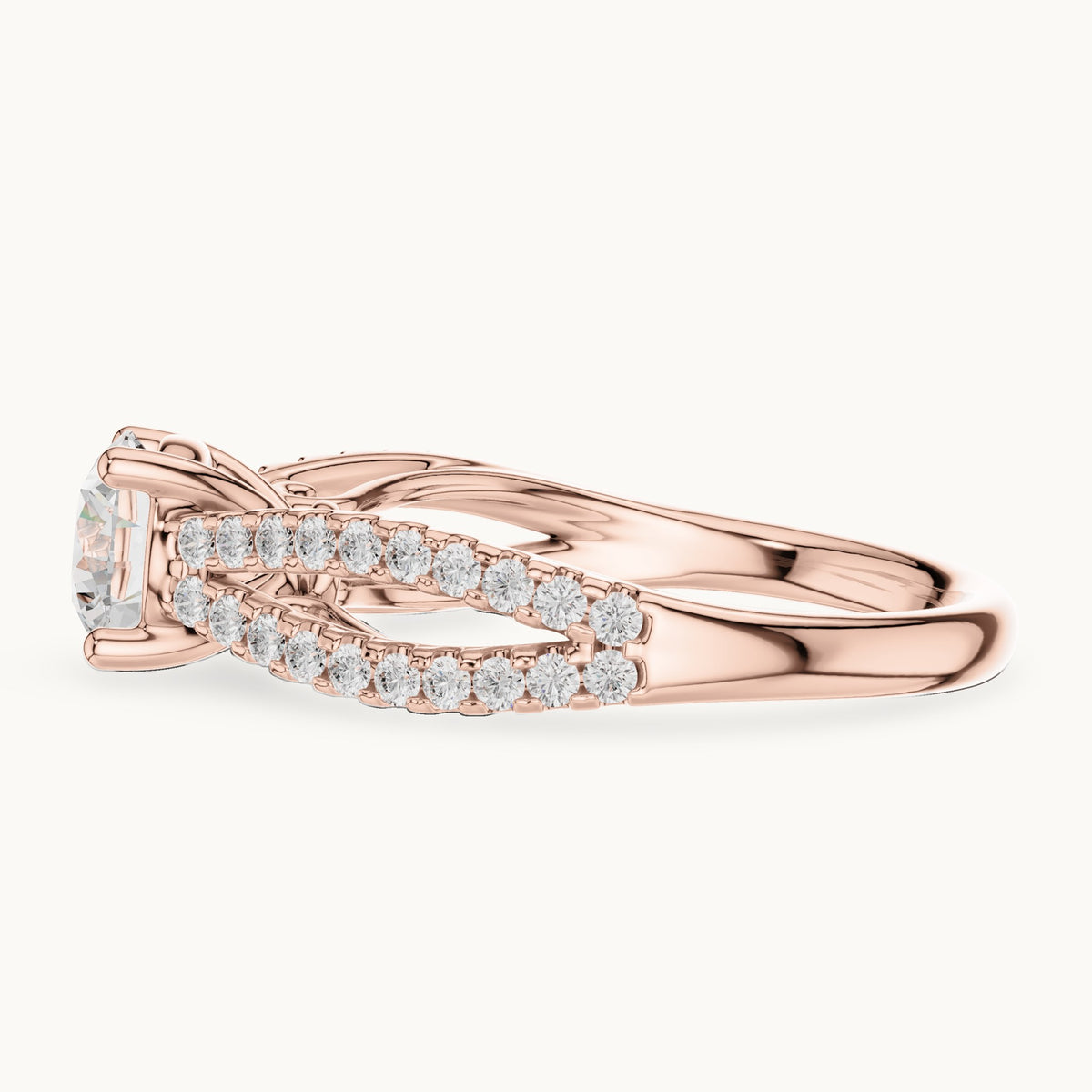 Round lab-grown diamond open split shank pavé engagement ring in rose gold, 1.30 CT TW, view 3
