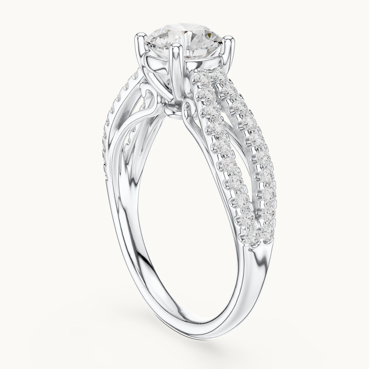 Round lab-grown diamond open split shank pavé engagement ring in white gold, 1.30 CT TW, view 1