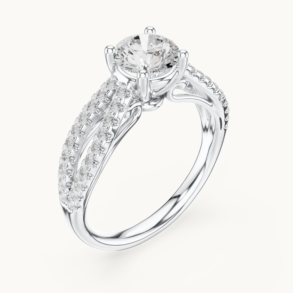 Round lab-grown diamond open split shank pavé engagement ring in white gold, 1.30 CT TW, view 2