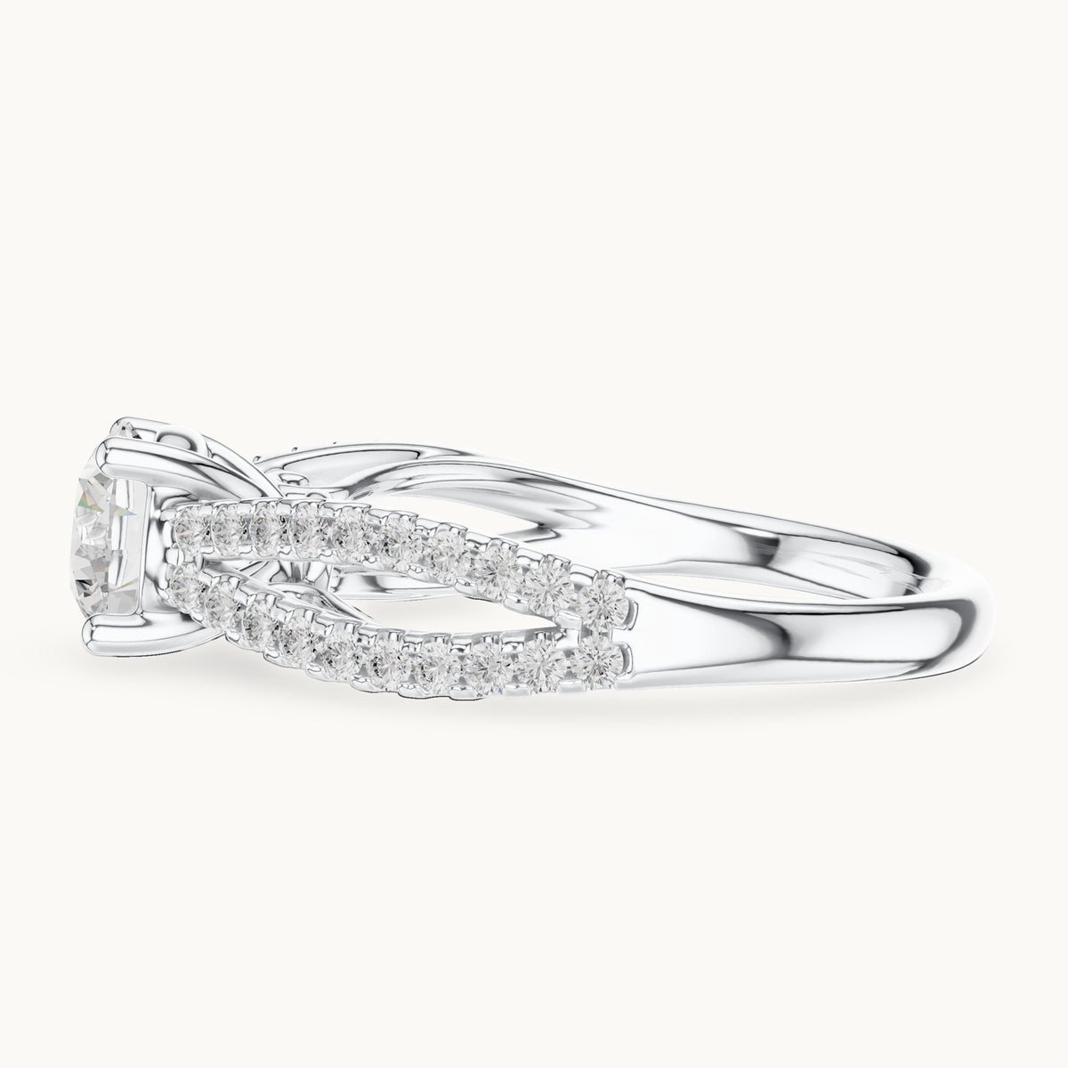 Round lab-grown diamond open split shank pavé engagement ring in white gold, 1.30 CT TW, view 3
