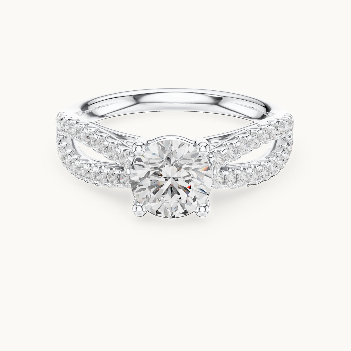 Round lab-grown diamond open split shank pavé engagement ring in white gold, 1.30 CT TW, view 4
