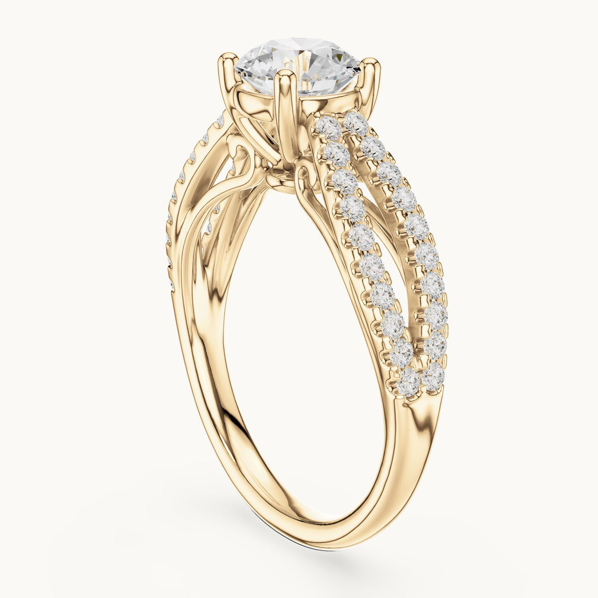 Round lab-grown diamond open split shank pavé engagement ring in yellow gold, 1.30 CT TW, view 1