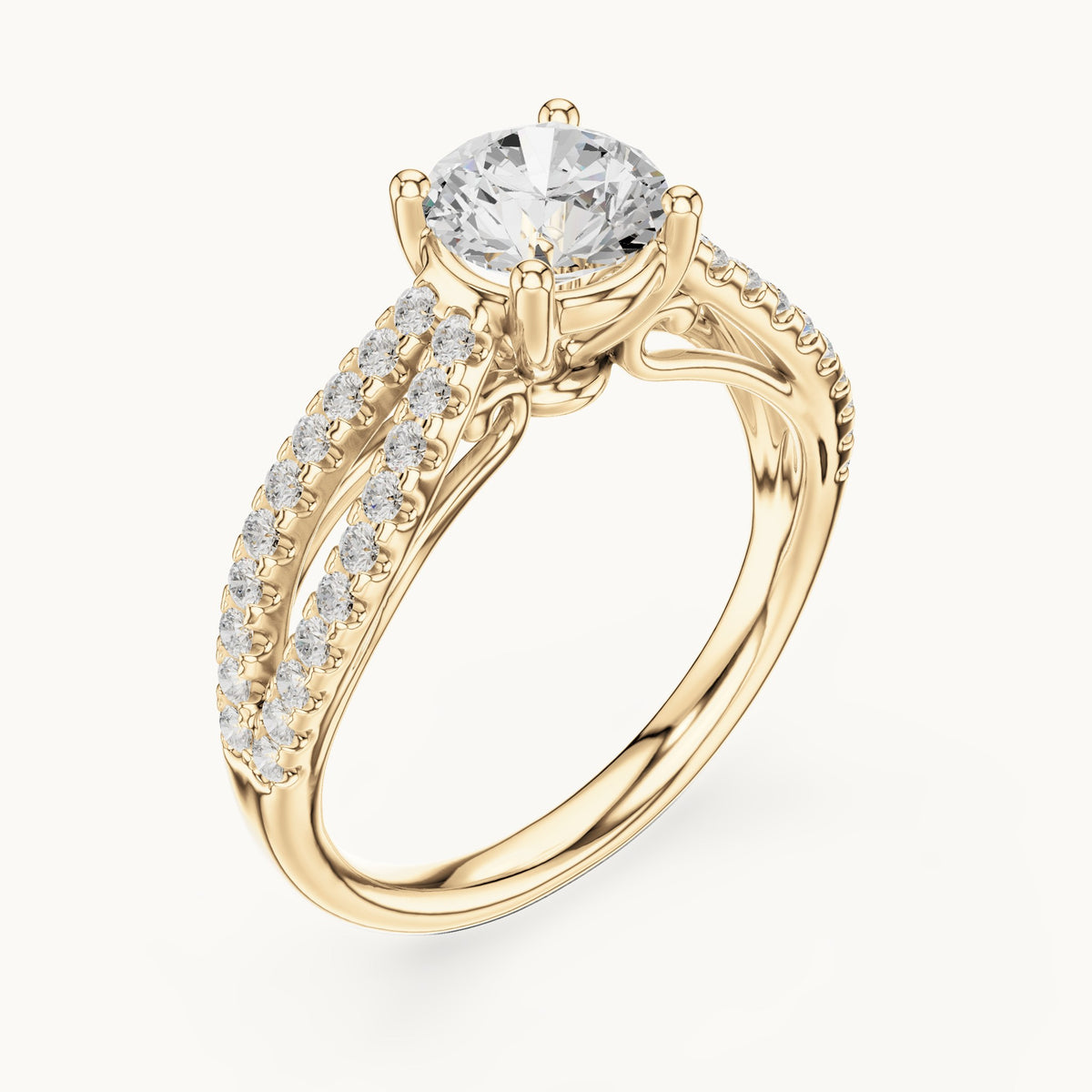 Round lab-grown diamond open split shank pavé engagement ring in yellow gold, 1.30 CT TW, view 2