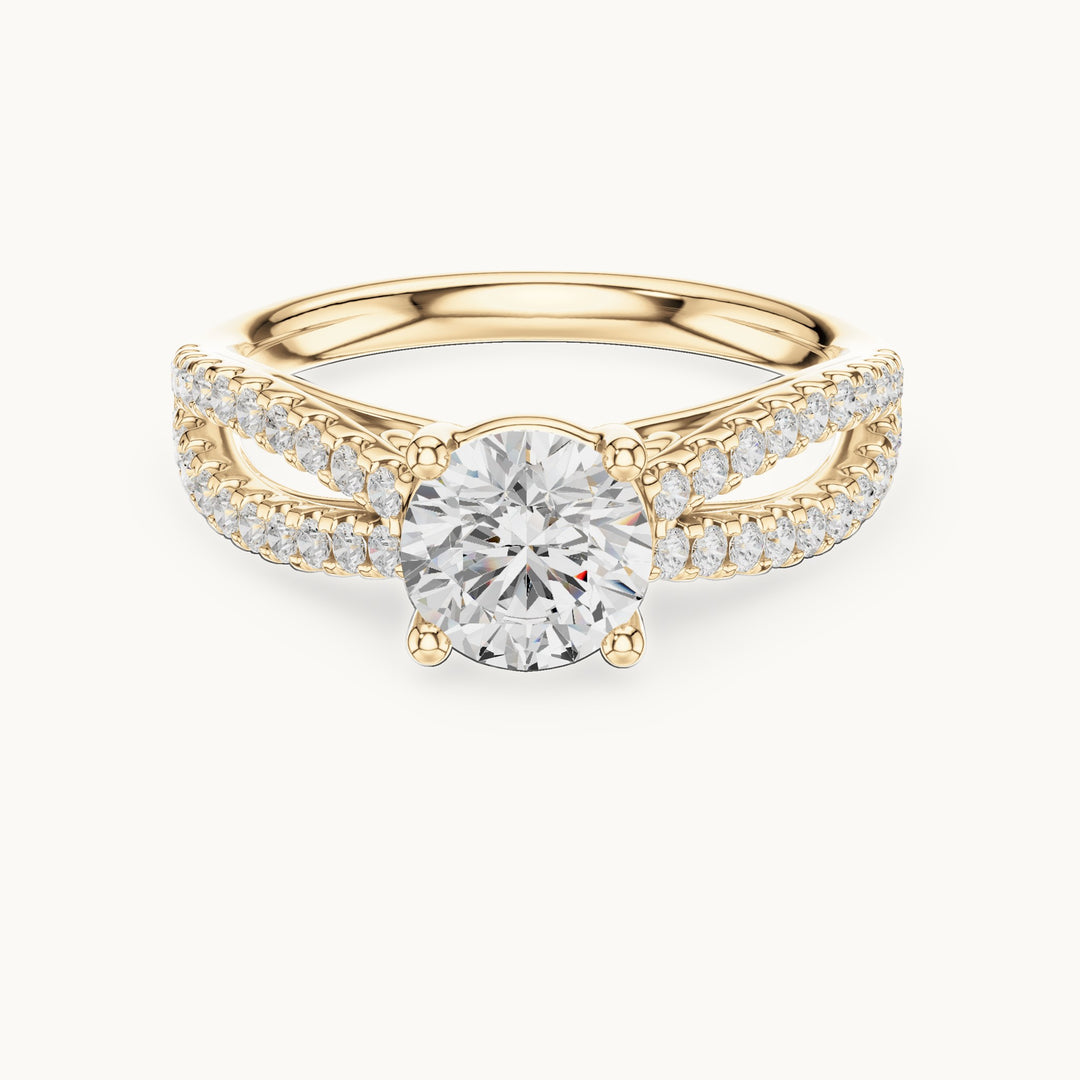 Round lab-grown diamond open split shank pavé engagement ring in yellow gold, 1.30 CT TW, view 4