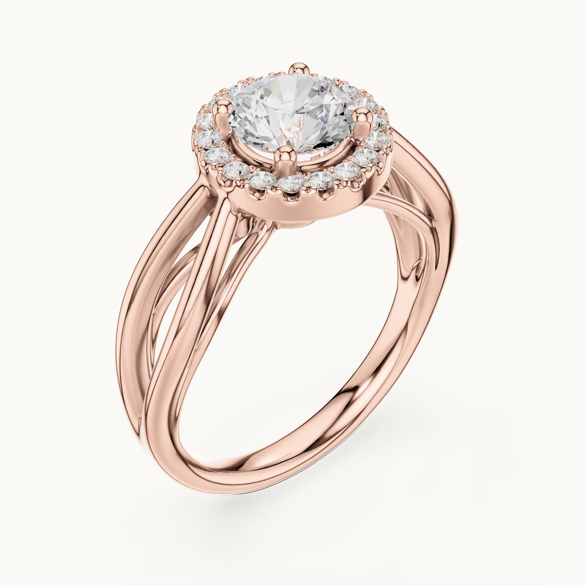 Round lab-grown diamond halo engagement ring with twisted split shank in rose gold, 1.16 CT TW, view 2
