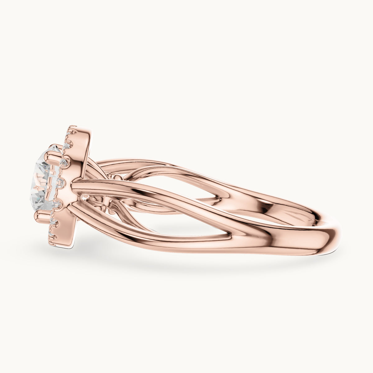 Round lab-grown diamond halo engagement ring with twisted split shank in rose gold, 1.16 CT TW, view 3
