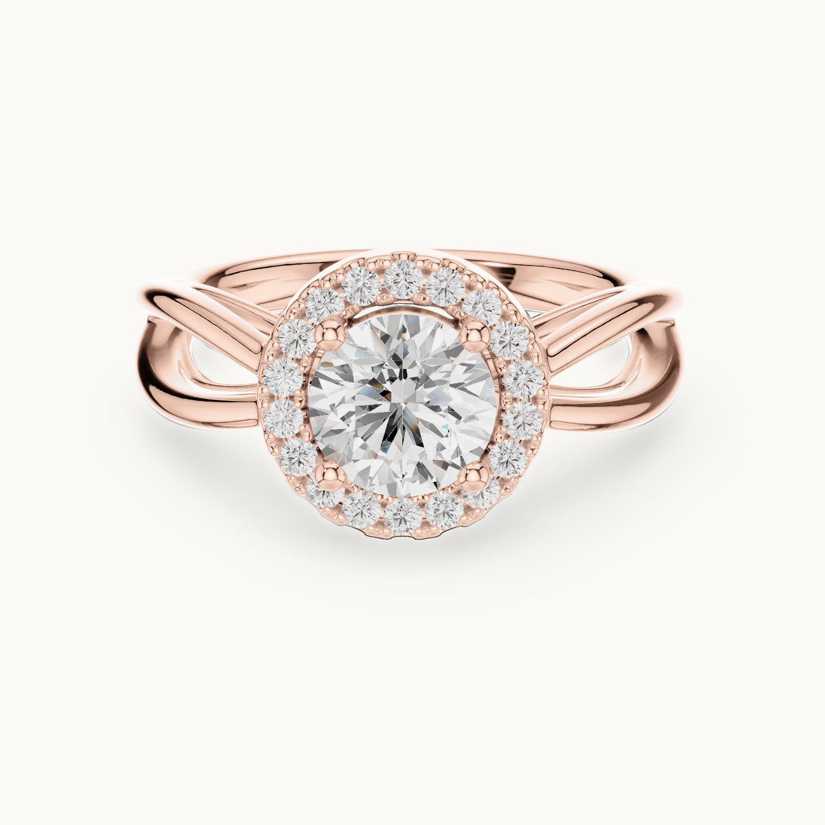 Round lab-grown diamond halo engagement ring with twisted split shank in rose gold, 1.16 CT TW, view 4