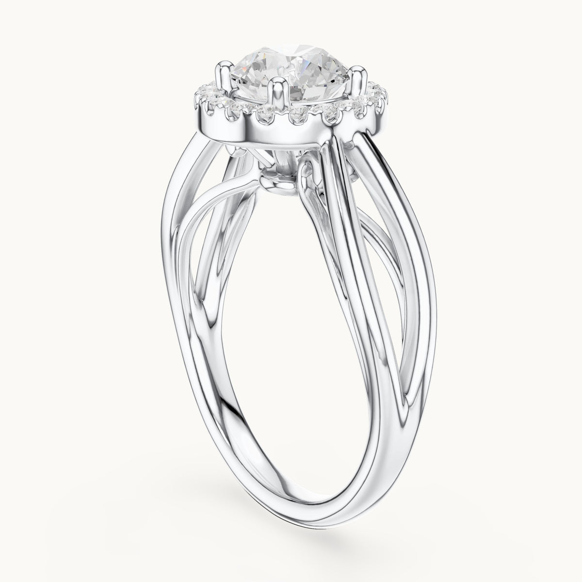 Round lab-grown diamond halo engagement ring with twisted split shank in white gold, 1.16 CT TW, view 1