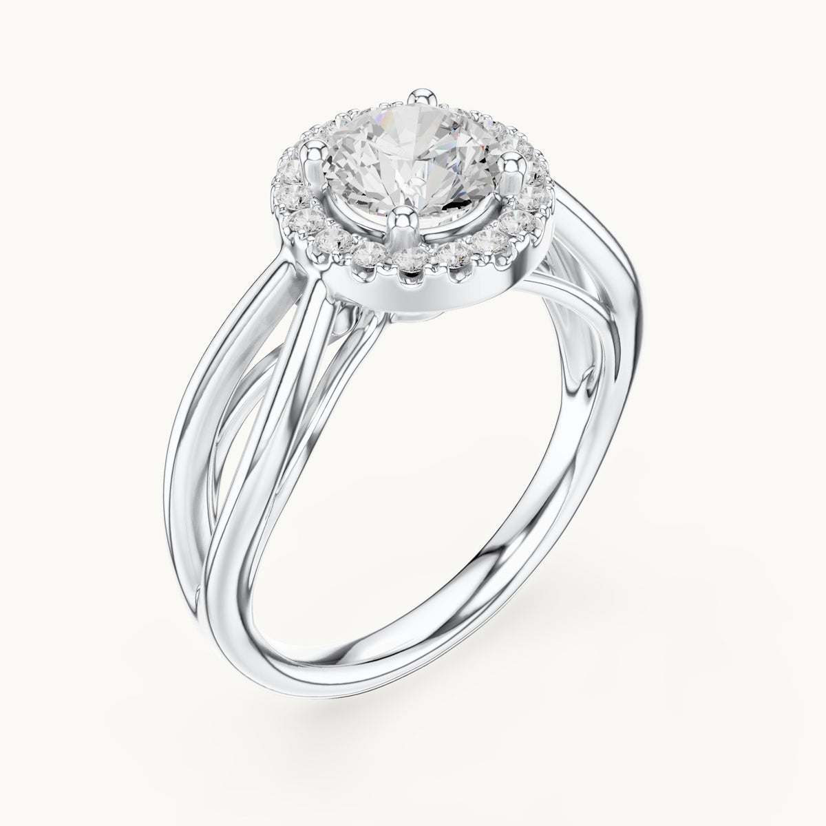 Round lab-grown diamond halo engagement ring with twisted split shank in white gold, 1.16 CT TW, view 2