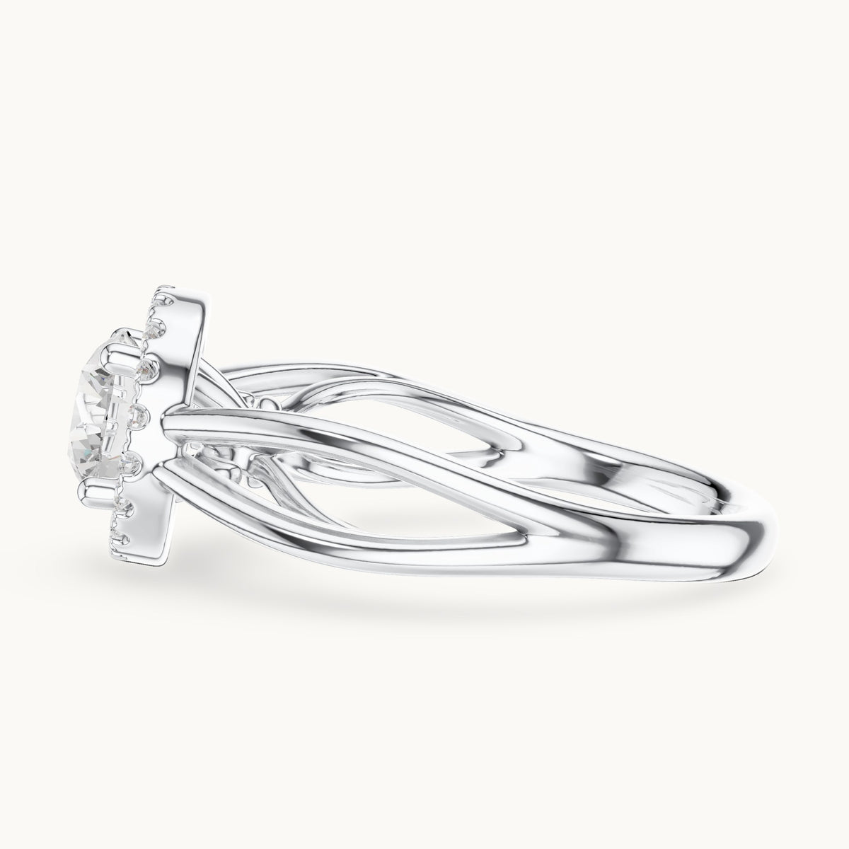 Round lab-grown diamond halo engagement ring with twisted split shank in white gold, 1.16 CT TW, view 3