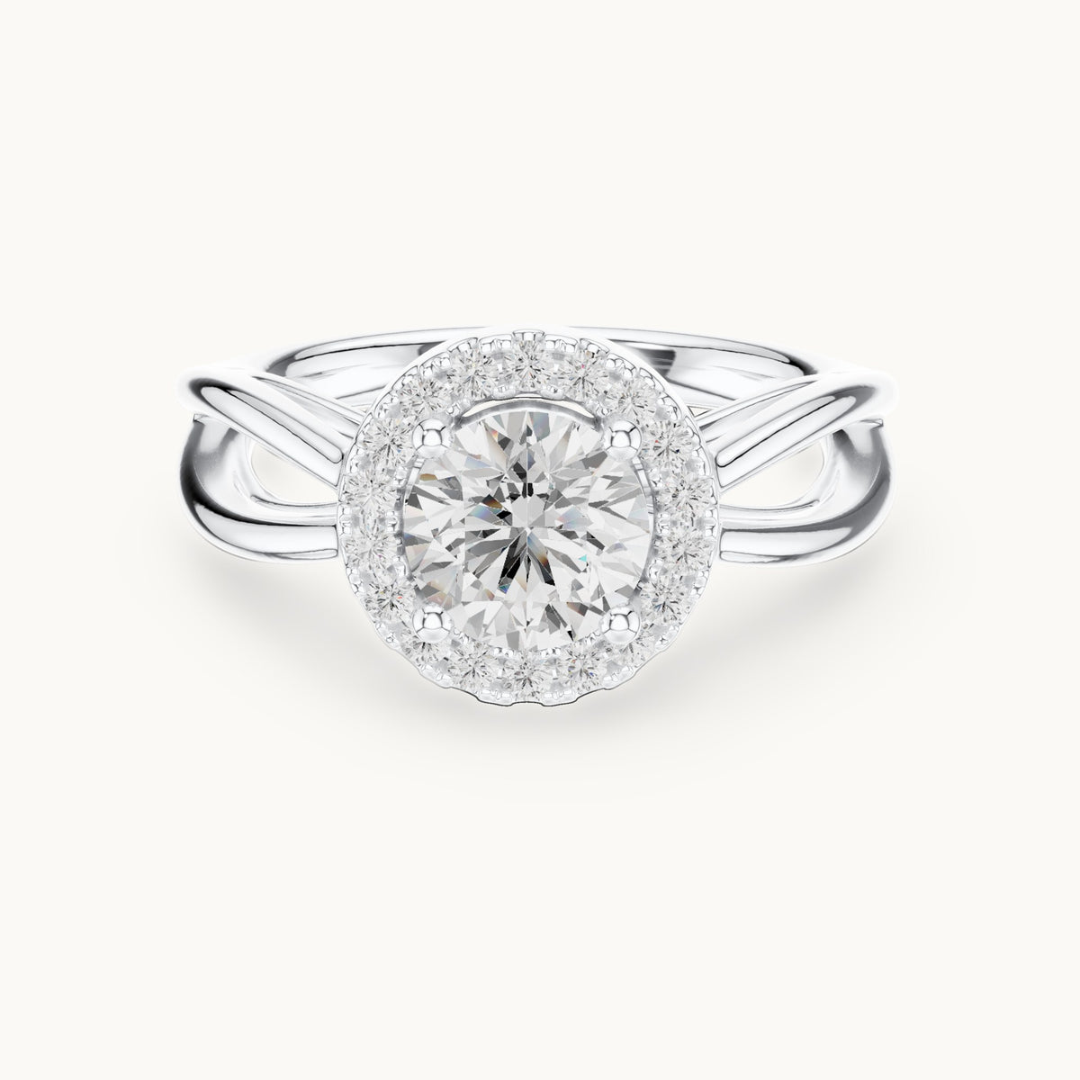 Round lab-grown diamond halo engagement ring with twisted split shank in white gold, 1.16 CT TW, view 4
