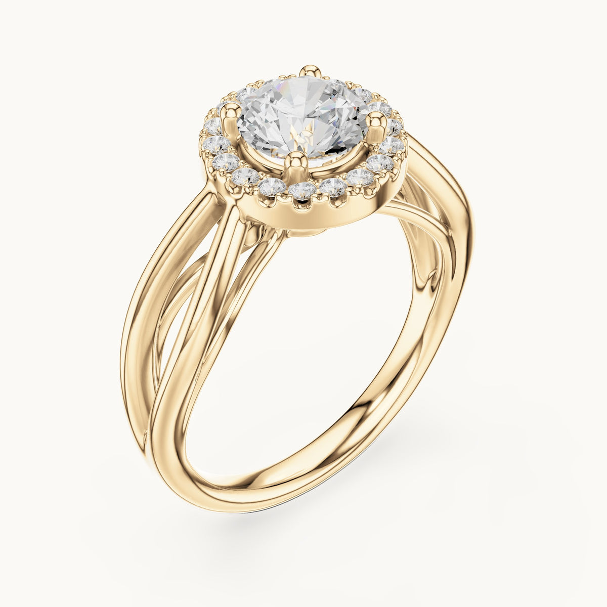 Round lab-grown diamond halo engagement ring with twisted split shank in yellow gold, 1.16 CT TW, view 2