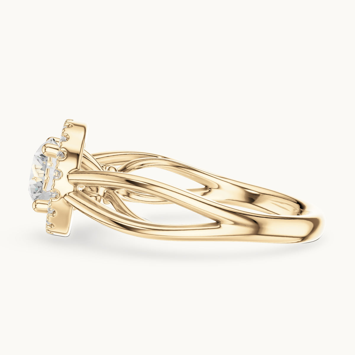 Round lab-grown diamond halo engagement ring with twisted split shank in yellow gold, 1.16 CT TW, view 3