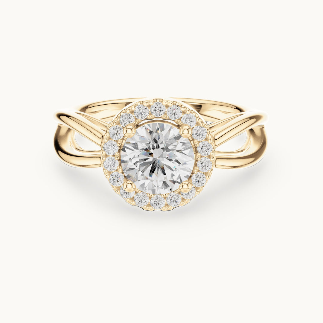 Round lab-grown diamond halo engagement ring with twisted split shank in yellow gold, 1.16 CT TW, view 4
