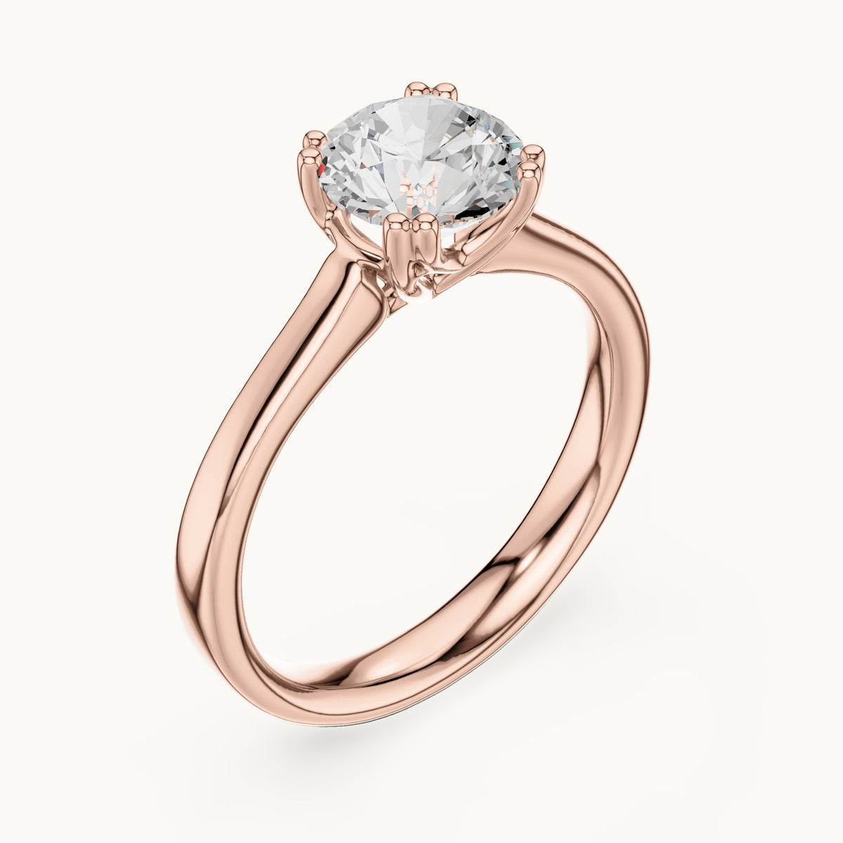 Round lab-grown diamond scroll-gallery four-prong solitaire engagement ring in rose gold, 1.10 CT TW, view 2